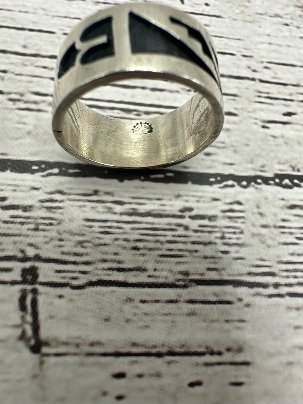 Hopi Silver Band Ring with Black Geometric Inlay